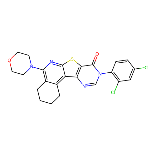 9-(2,4-dichlorophenyl)-5-(morpholin-4-yl)-1,2,3,4-tetrahydropyrimido[4',5':4,5]thieno[2,3-c]isoquinolin-8(9H)-one structure