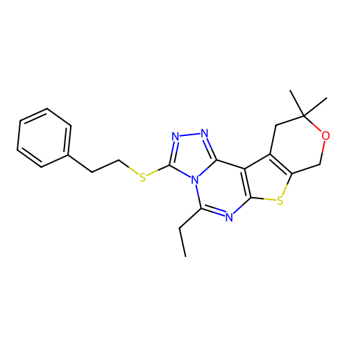 5-ethyl-10,10-dimethyl-3-(phenethylthio)-10,11-dihydro-8H-pyrano[4',3':4,5]thieno[3,2-e][1,2,4]triazolo[4,3-c]pyrimidine structure