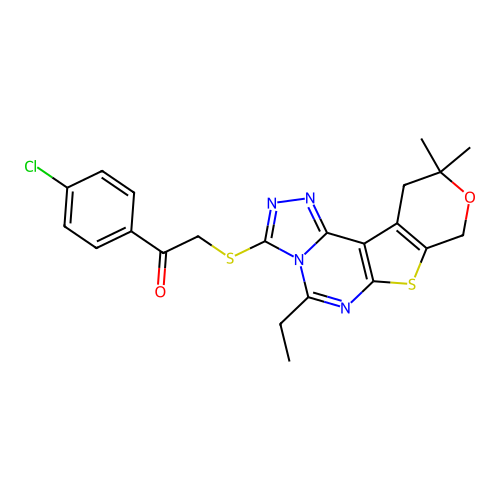 1-(4-chlorophenyl)-2-((5-ethyl-10,10-dimethyl-10,11-dihydro-8H-pyrano[4',3':4,5]thieno[3,2-e][1,2,4]triazolo[4,3-c]pyrimidin-3-yl)thio)ethanone structure