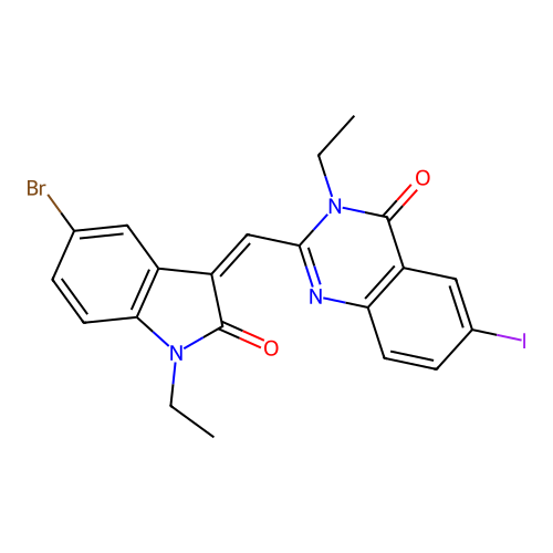 2-[(5-bromo-1-ethyl-2-oxo-indol-3-ylidene)methyl]-3-ethyl-6-iodo-quinazolin-4-one structure
