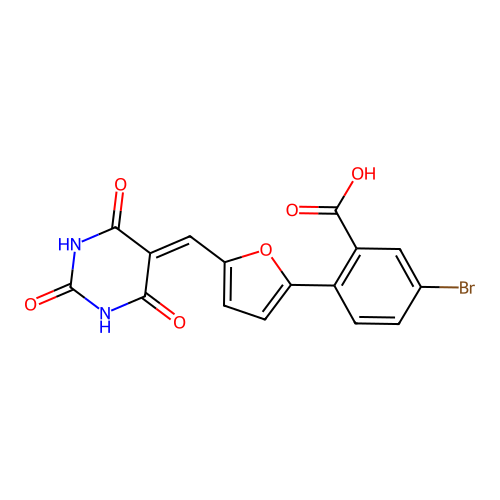 5-bromo-2-{5-[(Z)-(2,6-dihydroxy-4-oxopyrimidin-5(4H)-ylidene)methyl]furan-2-yl}benzoic acid structure