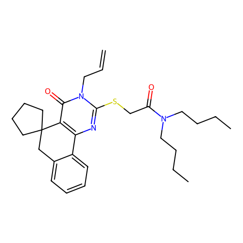2-((3-allyl-4-oxo-4,6-dihydro-3H-spiro[benzo[h]quinazoline-5,1'-cyclopentan]-2-yl)thio)-N,N-dibutylacetamide structure
