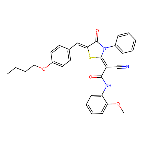 (Z)-2-((Z)-5-(4-butoxybenzylidene)-4-oxo-3-phenylthiazolidin-2-ylidene)-2-cyano-N-(2-methoxyphenyl)acetamide structure