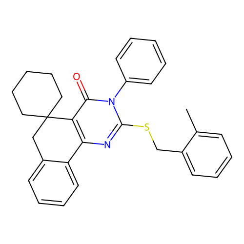 2-((2-methylbenzyl)thio)-3-phenyl-3H-spiro[benzo[h]quinazoline-5,1'-cyclohexan]-4(6H)-one structure