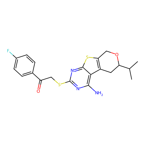 2-{[4-amino-6-(propan-2-yl)-5,8-dihydro-6H-pyrano[4',3':4,5]thieno[2,3-d]pyrimidin-2-yl]sulfanyl}-1-(4-fluorophenyl)ethanone structure