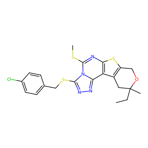 3-[(4-chlorobenzyl)sulfanyl]-10-ethyl-10-methyl-5-(methylsulfanyl)-10,11-dihydro-8H-pyrano[4',3':4,5]thieno[3,2-e][1,2,4]triazolo[4,3-c]pyrimidine structure