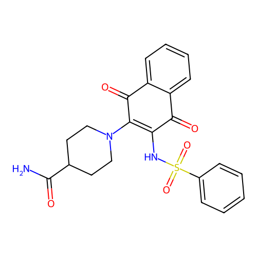 1-(1,4-dioxo-3-(phenylsulfonamido)-1,4-dihydronaphthalen-2-yl)piperidine-4-carboxamide structure