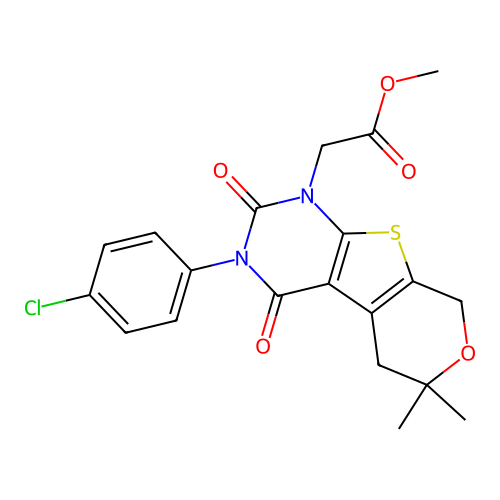 methyl [3-(4-chlorophenyl)-6,6-dimethyl-2,4-dioxo-3,4,5,8-tetrahydro-2H-pyrano[4',3':4,5]thieno[2,3-d]pyrimidin-1(6H)-yl]acetate structure