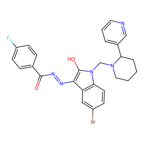 (Z)-N'-(5-bromo-2-oxo-1-((2-(pyridin-3-yl)piperidin-1-yl)methyl)indolin-3-ylidene)-4-fluorobenzohydrazide structure