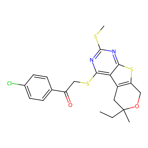 1-(4-chlorophenyl)-2-((6-ethyl-6-methyl-2-(methylthio)-6,8-dihydro-5H-pyrano[4',3':4,5]thieno[2,3-d]pyrimidin-4-yl)thio)ethanone structure