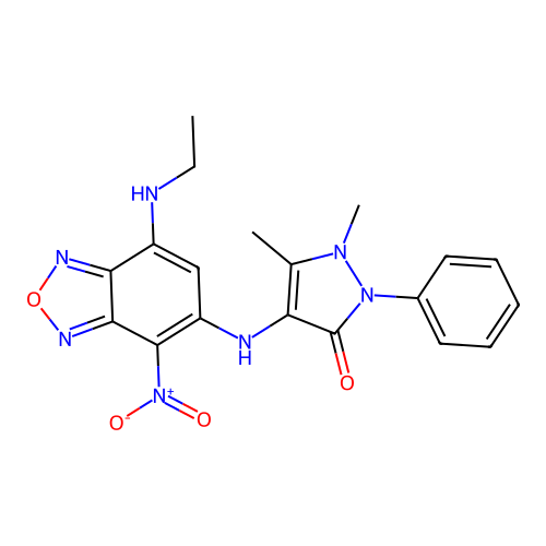 4-((7-(ethylamino)-4-nitrobenzo[c][1,2,5]oxadiazol-5-yl)amino)-1,5-dimethyl-2-phenyl-1H-pyrazol-3(2H)-one structure