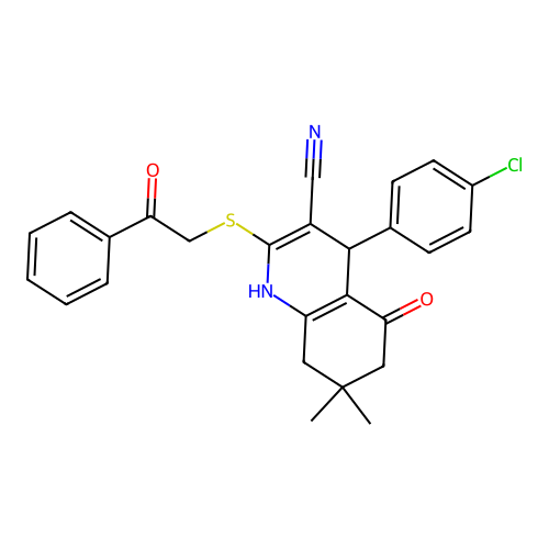 4-(4-chlorophenyl)-5-hydroxy-7,7-dimethyl-2-[(2-oxo-2-phenylethyl)sulfanyl]-4,6,7,8-tetrahydroquinoline-3-carbonitrile structure