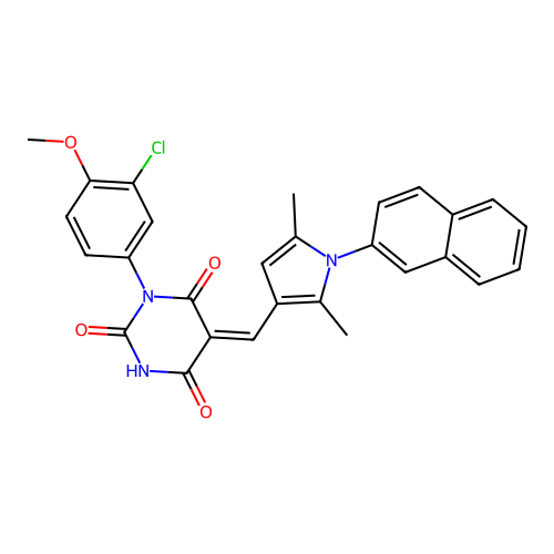 (5Z)-1-(3-chloro-4-methoxyphenyl)-5-[(2,5-dimethyl-1-naphthalen-2-ylpyrrol-3-yl)methylidene]-1,3-diazinane-2,4,6-trione structure