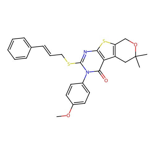 2-(cinnamylthio)-3-(4-methoxyphenyl)-6,6-dimethyl-5,6-dihydro-3H-pyrano[4',3':4,5]thieno[2,3-d]pyrimidin-4(8H)-one structure