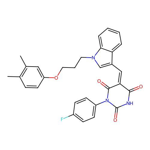 (5Z)-5-({1-[3-(3,4-dimethylphenoxy)propyl]-1H-indol-3-yl}methylidene)-1-(4-fluorophenyl)pyrimidine-2,4,6(1H,3H,5H)-trione structure