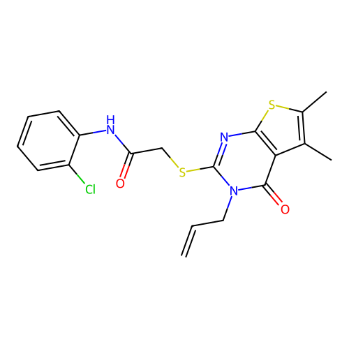 2-((3-allyl-5,6-dimethyl-4-oxo-3,4-dihydrothieno[2,3-d]pyrimidin-2-yl)thio)-N-(2-chlorophenyl)acetamide structure