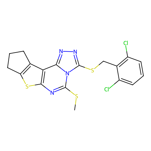 3-((2,6-dichlorobenzyl)thio)-5-(methylthio)-9,10-dihydro-8H-cyclopenta[4,5]thieno[3,2-e][1,2,4]triazolo[4,3-c]pyrimidine structure