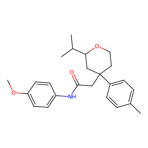 2-(2-isopropyl-4-(p-tolyl)tetrahydro-2H-pyran-4-yl)-N-(4-methoxyphenyl)acetamide structure