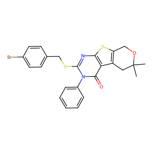 2-((4-bromobenzyl)thio)-6,6-dimethyl-3-phenyl-5,6-dihydro-3H-pyrano[4',3':4,5]thieno[2,3-d]pyrimidin-4(8H)-one structure