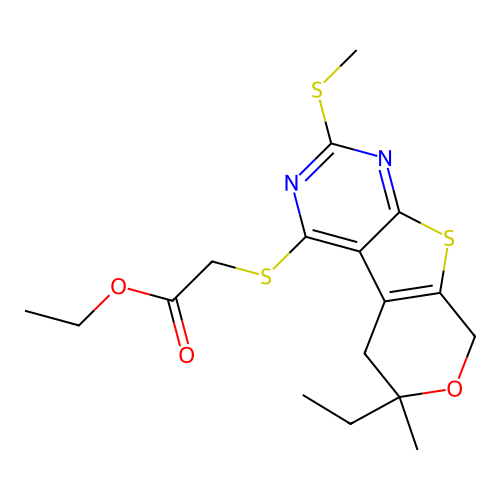 ethyl {[6-ethyl-6-methyl-2-(methylsulfanyl)-5,8-dihydro-6H-pyrano[4',3':4,5]thieno[2,3-d]pyrimidin-4-yl]sulfanyl}acetate structure