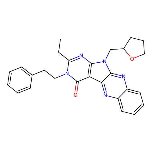 2-ethyl-3-(2-phenylethyl)-11-(tetrahydrofuran-2-ylmethyl)-3,11-dihydro-4H-pyrimido[5',4':4,5]pyrrolo[2,3-b]quinoxalin-4-one structure