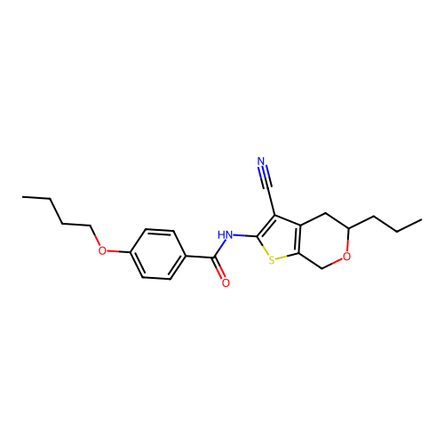 4-butoxy-N-(3-cyano-5-propyl-5,7-dihydro-4H-thieno[2,3-c]pyran-2-yl)benzamide structure