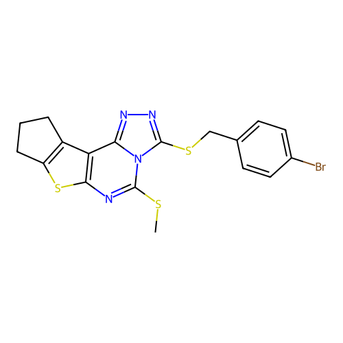 3-((4-bromobenzyl)thio)-5-(methylthio)-9,10-dihydro-8H-cyclopenta[4,5]thieno[3,2-e][1,2,4]triazolo[4,3-c]pyrimidine structure