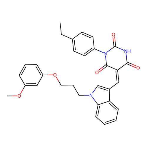 (Z)-1-(4-ethylphenyl)-5-((1-(3-(3-methoxyphenoxy)propyl)-1H-indol-3-yl)methylene)pyrimidine-2,4,6(1H,3H,5H)-trione structure