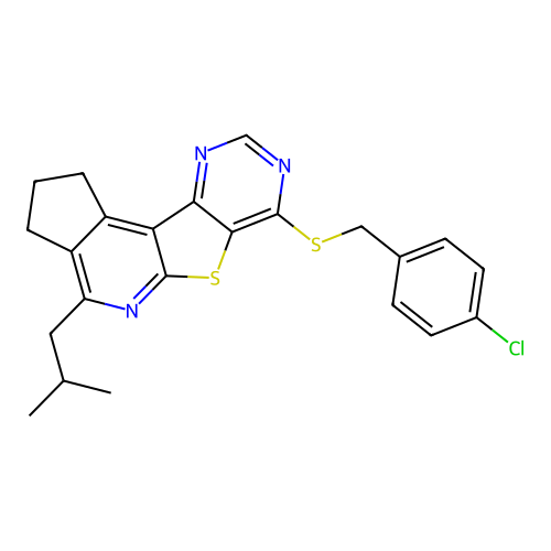 7-((4-chlorobenzyl)thio)-4-isobutyl-2,3-dihydro-1H-cyclopenta[4',5']pyrido[3',2':4,5]thieno[3,2-d]pyrimidine structure