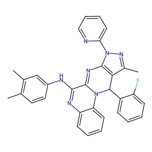 N-(3,4-dimethylphenyl)-11-(2-fluorophenyl)-10-methyl-8-(pyridin-2-yl)-8,11-dihydropyrazolo[3',4':4,5]pyrimido[1,2-a]quinoxalin-6-amine structure
