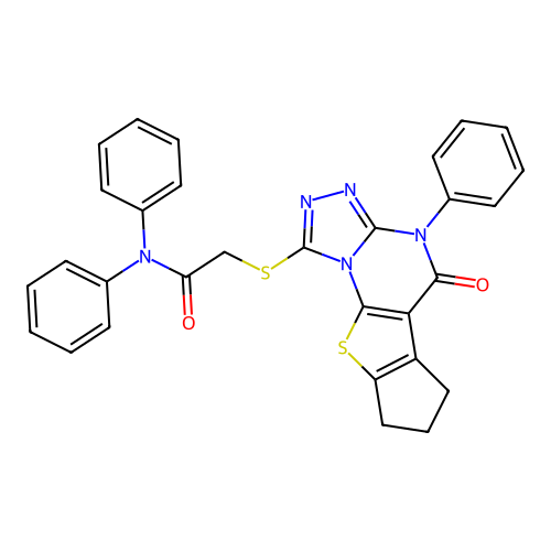 2-((5-oxo-4-phenyl-5,6,7,8-tetrahydro-4H-cyclopenta[4,5]thieno[3,2-e][1,2,4]triazolo[4,3-a]pyrimidin-1-yl)thio)-N,N-diphenylacetamide structure