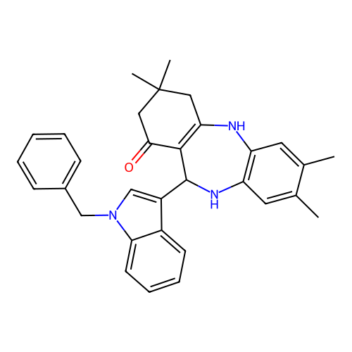 11-(1-benzyl-1H-indol-3-yl)-3,3,7,8-tetramethyl-2,3,4,5,10,11-hexahydro-1H-dibenzo[b,e][1,4]diazepin-1-one structure