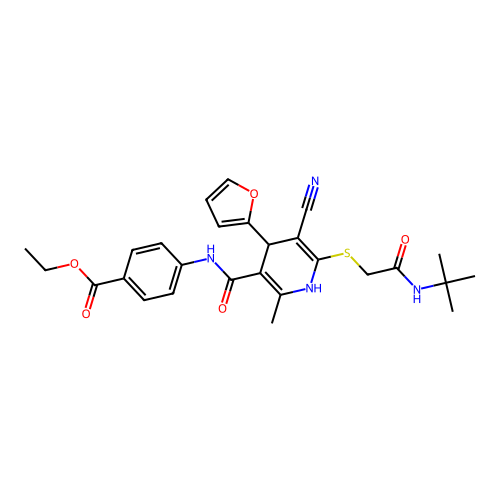 ethyl 4-({[6-{[2-(tert-butylamino)-2-oxoethyl]sulfanyl}-5-cyano-4-(furan-2-yl)-2-methyl-1,4-dihydropyridin-3-yl]carbonyl}amino)benzoate structure