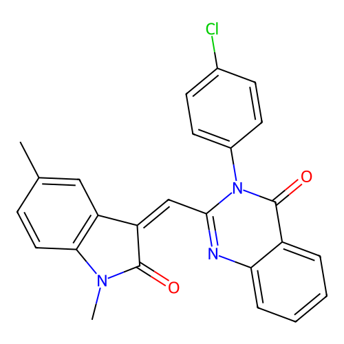 3-(4-chlorophenyl)-2-[(1,5-dimethyl-2-oxo-indol-3-ylidene)methyl]quinazolin-4-one structure