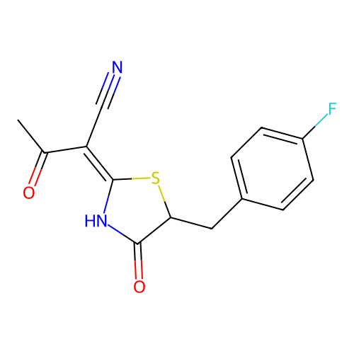 (E)-2-(5-(4-fluorobenzyl)-4-oxothiazolidin-2-ylidene)-3-oxobutanenitrile structure