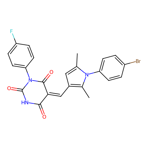 (5Z)-5-[[1-(4-bromophenyl)-2,5-dimethylpyrrol-3-yl]methylidene]-1-(4-fluorophenyl)-1,3-diazinane-2,4,6-trione structure