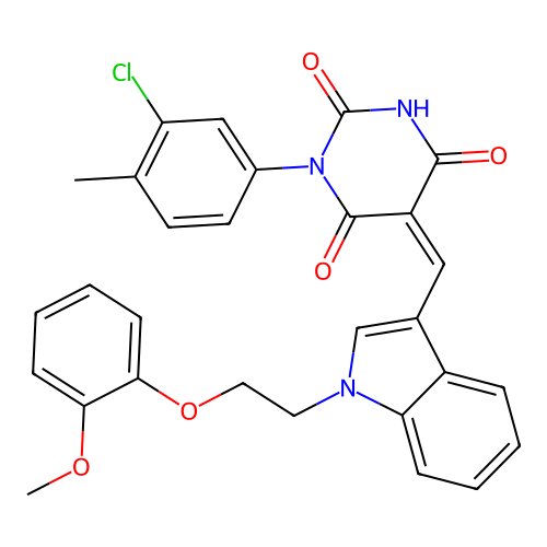 (5Z)-1-(3-chloro-4-methylphenyl)-5-({1-[2-(2-methoxyphenoxy)ethyl]-1H-indol-3-yl}methylidene)pyrimidine-2,4,6(1H,3H,5H)-trione structure