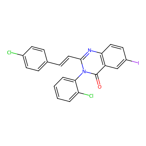 3-(2-chlorophenyl)-2-[(E)-2-(4-chlorophenyl)ethenyl]-6-iodoquinazolin-4(3H)-one structure