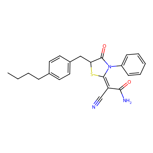 (E)-2-(5-(4-butylbenzyl)-4-oxo-3-phenylthiazolidin-2-ylidene)-2-cyanoacetamide structure
