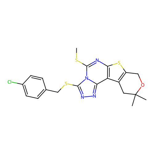 3-((4-chlorobenzyl)thio)-10,10-dimethyl-5-(methylthio)-10,11-dihydro-8H-pyrano[4',3':4,5]thieno[3,2-e][1,2,4]triazolo[4,3-c]pyrimidine structure