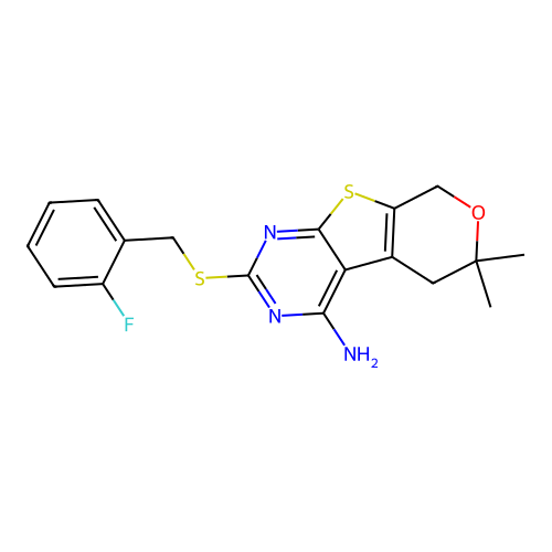 2-[(2-fluorobenzyl)sulfanyl]-6,6-dimethyl-5,8-dihydro-6H-pyrano[4',3':4,5]thieno[2,3-d]pyrimidin-4-amine structure