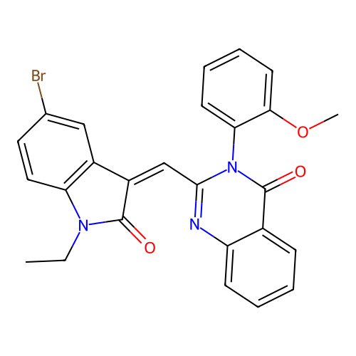 2-[(5-bromo-1-ethyl-2-oxo-indol-3-ylidene)methyl]-3-(2-methoxyphenyl)quinazolin-4-one structure