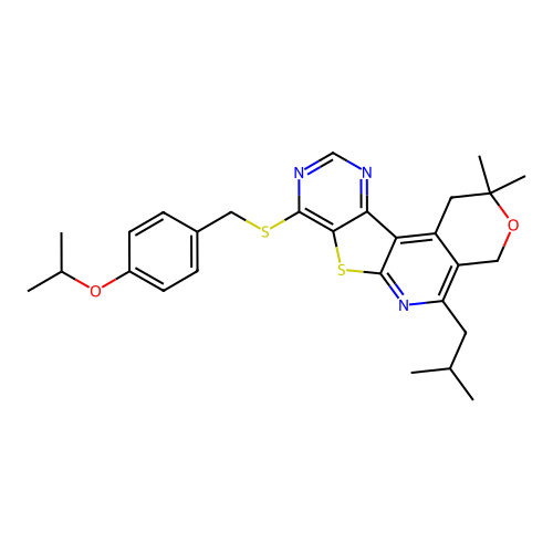 2,2-dimethyl-5-(2-methylpropyl)-8-{[4-(propan-2-yloxy)benzyl]sulfanyl}-1,4-dihydro-2H-pyrano[4'',3'':4',5']pyrido[3',2':4,5]thieno[3,2-d]pyrimidine structure
