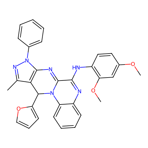N-(2,4-dimethoxyphenyl)-11-(furan-2-yl)-10-methyl-8-phenyl-8,11-dihydropyrazolo[3',4':4,5]pyrimido[1,2-a]quinoxalin-6-amine structure