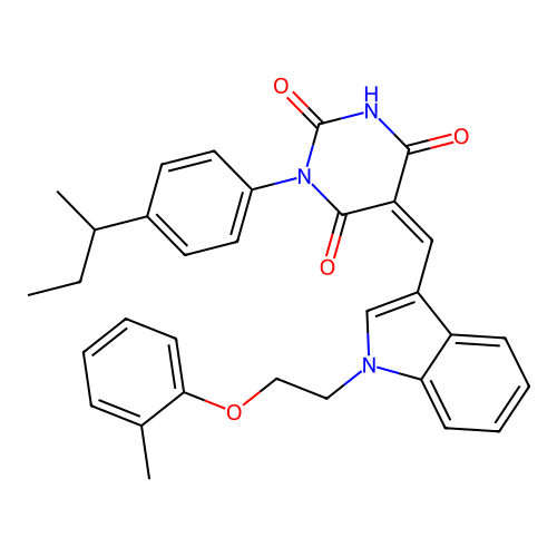 (5Z)-1-(4-butan-2-ylphenyl)-5-[[1-[2-(2-methylphenoxy)ethyl]indol-3-yl]methylidene]-1,3-diazinane-2,4,6-trione structure