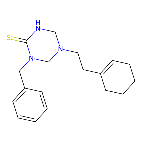 1-Benzyl-5-(2-(cyclohex-1-en-1-yl)ethyl)-1,3,5-triazinane-2-thione structure