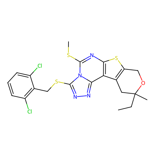3-((2,6-dichlorobenzyl)thio)-10-ethyl-10-methyl-5-(methylthio)-10,11-dihydro-8H-pyrano[4',3':4,5]thieno[3,2-e][1,2,4]triazolo[4,3-c]pyrimidine structure