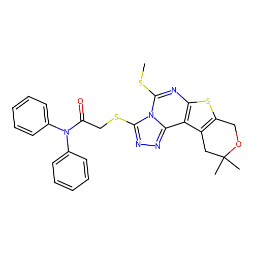 2-((10,10-dimethyl-5-(methylthio)-10,11-dihydro-8H-pyrano[4',3':4,5]thieno[3,2-e][1,2,4]triazolo[4,3-c]pyrimidin-3-yl)thio)-N,N-diphenylacetamide structure