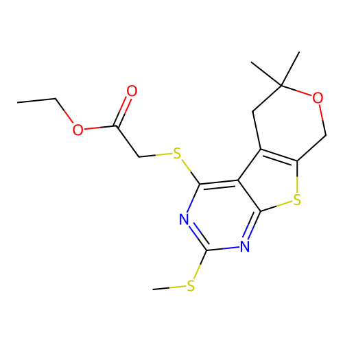 ethyl {[6,6-dimethyl-2-(methylsulfanyl)-5,8-dihydro-6H-pyrano[4',3':4,5]thieno[2,3-d]pyrimidin-4-yl]sulfanyl}acetate structure
