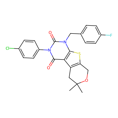 3-(4-chlorophenyl)-1-(4-fluorobenzyl)-6,6-dimethyl-1,5,6,8-tetrahydro-2H-pyrano[4',3':4,5]thieno[2,3-d]pyrimidine-2,4(3H)-dione structure